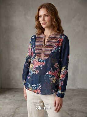 Magazine Boho Embroidered Floral Sheer Blouse Top Large Navy Multicolor